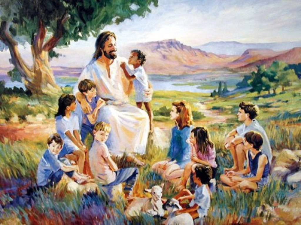 Jesus with a group of children in modern clothes